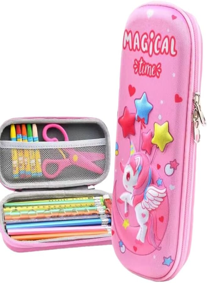 Amitasha Cartoon Pen Bag, 3D Three-Dimensional Pencil Case for Girls, Large Capacity Multi-Functional EVA Pencil Box, Stationery Case for School Kids (Moon & Star Unicorn)
